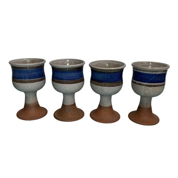 Vintage Goblets Set of 4 Studio Pottery Stoneware Signed Bohemian Artisan Made - Picture 1 of 10